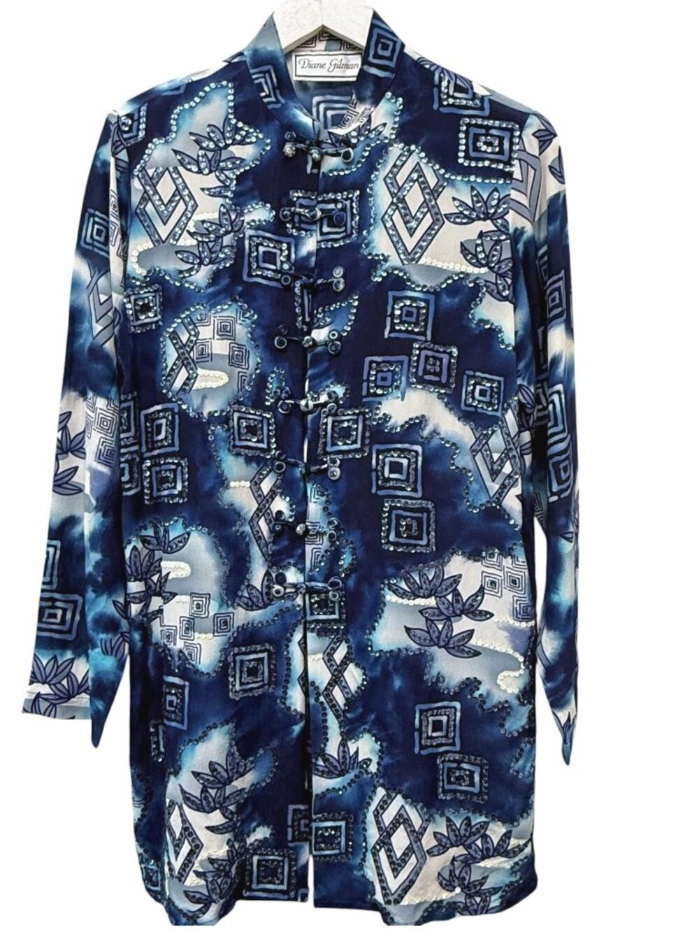 DIANE GILMAN Silk Tunic Blouse Womens Small Blue Asian Print Top